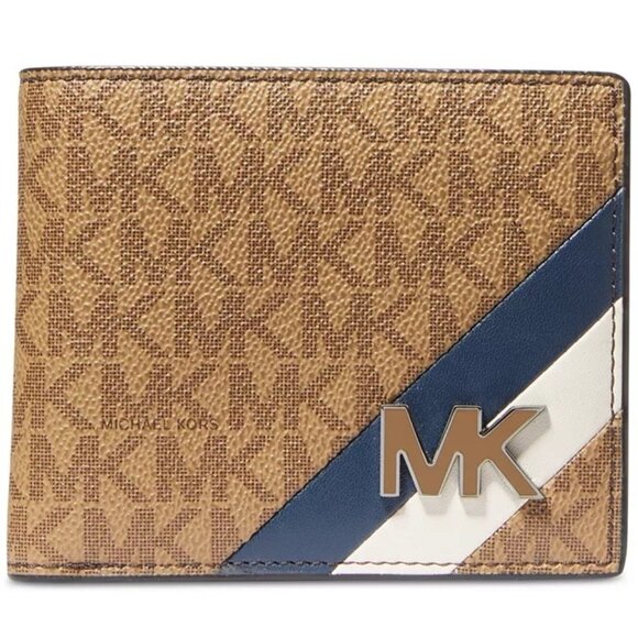 NWOT Michael Kors Men's Billfold With Coin Pocket Tan Allover Logo Leather - Picture 1 of 9
